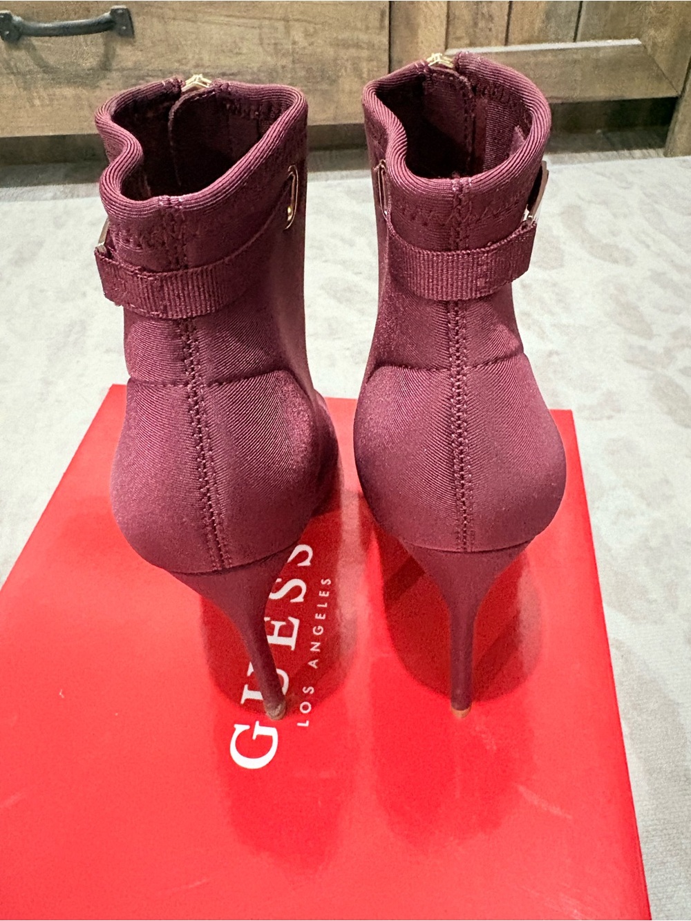 Guess Burgundy Peep-Toe Front-Zip Stretch Booties - Picture 3 of 4